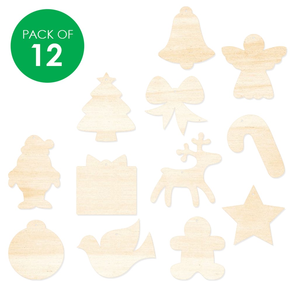 Wooden Christmas Shapes Assorted Pack of 12 Christmas Ornaments