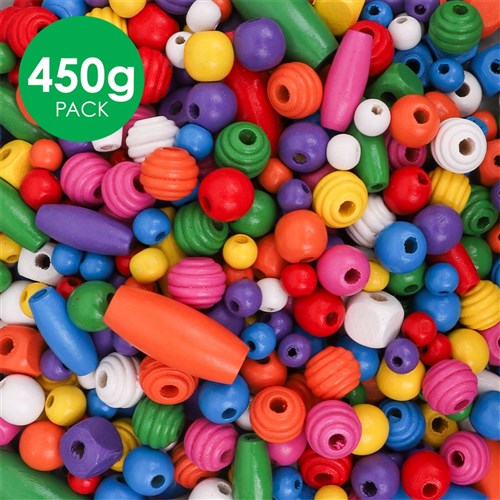 Wooden Coloured Beads - 450g Pack