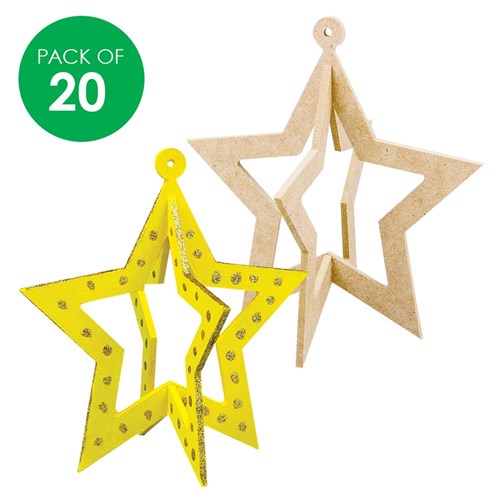 3D Wooden Stars with Cutouts - Pack of 20