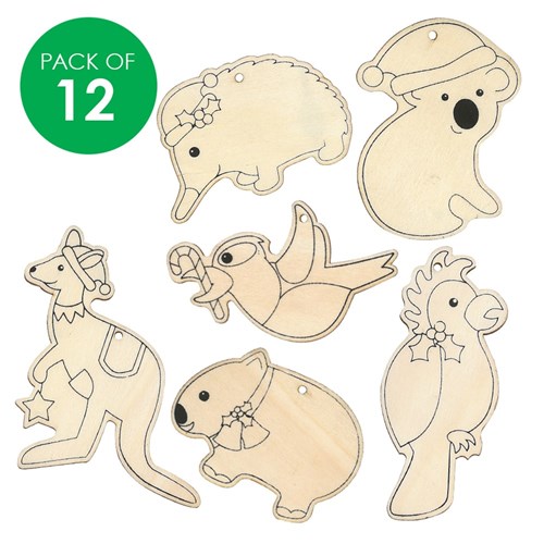 Australian Animal Printed Wooden Ornaments - Pack of 12