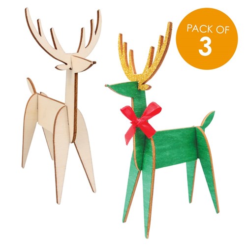 3D Wooden Reindeer - Pack of 3
