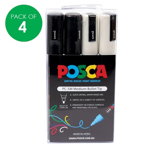 POSCA Paint Markers - Medium Tip - Black & White - Pack of 4