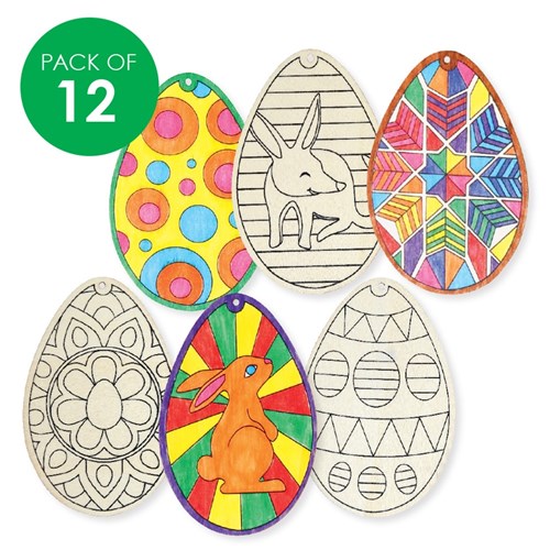 Printed Wooden Egg Ornaments - Pack of 12
