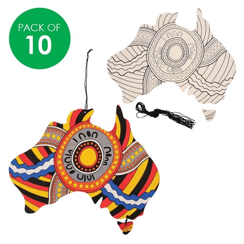 Indigenous Designed Printed Wooden Australia Shapes - Pack of 10