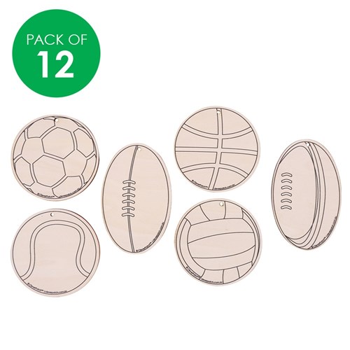 Printed Wooden Sport Ball Shapes - Pack of 12