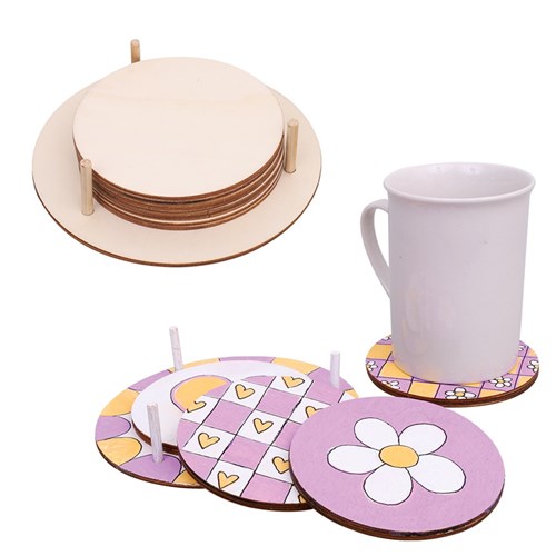 Wooden Coasters & Holder Set - Each