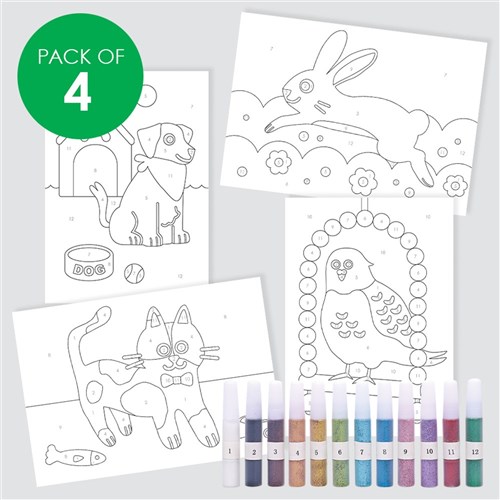 Glitter Art Colour By Numbers Kit - Pets - Pack of 4
